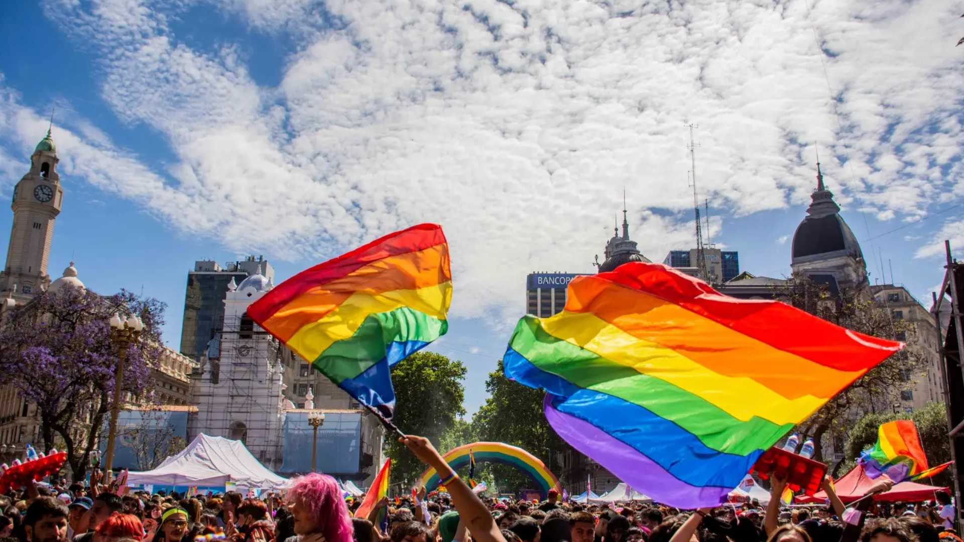 Pride flags during a mass celebration in Plaza de Mayo, Buenos Aires.
