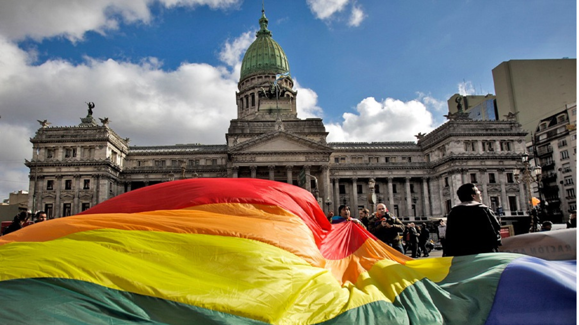 Pride flag in front of the National Congress of Argentina in Buenos Aires.