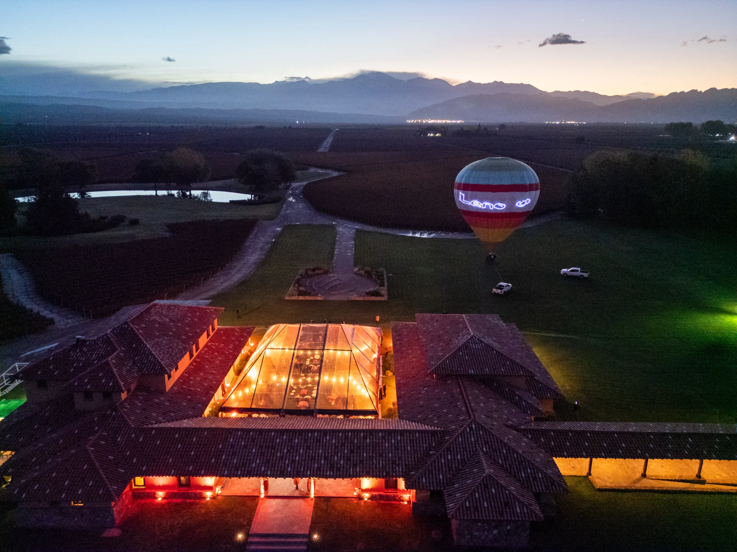Hot air balloon at Finca Decero during a corporate event in Mendoza, with the Andes Mountains in the background