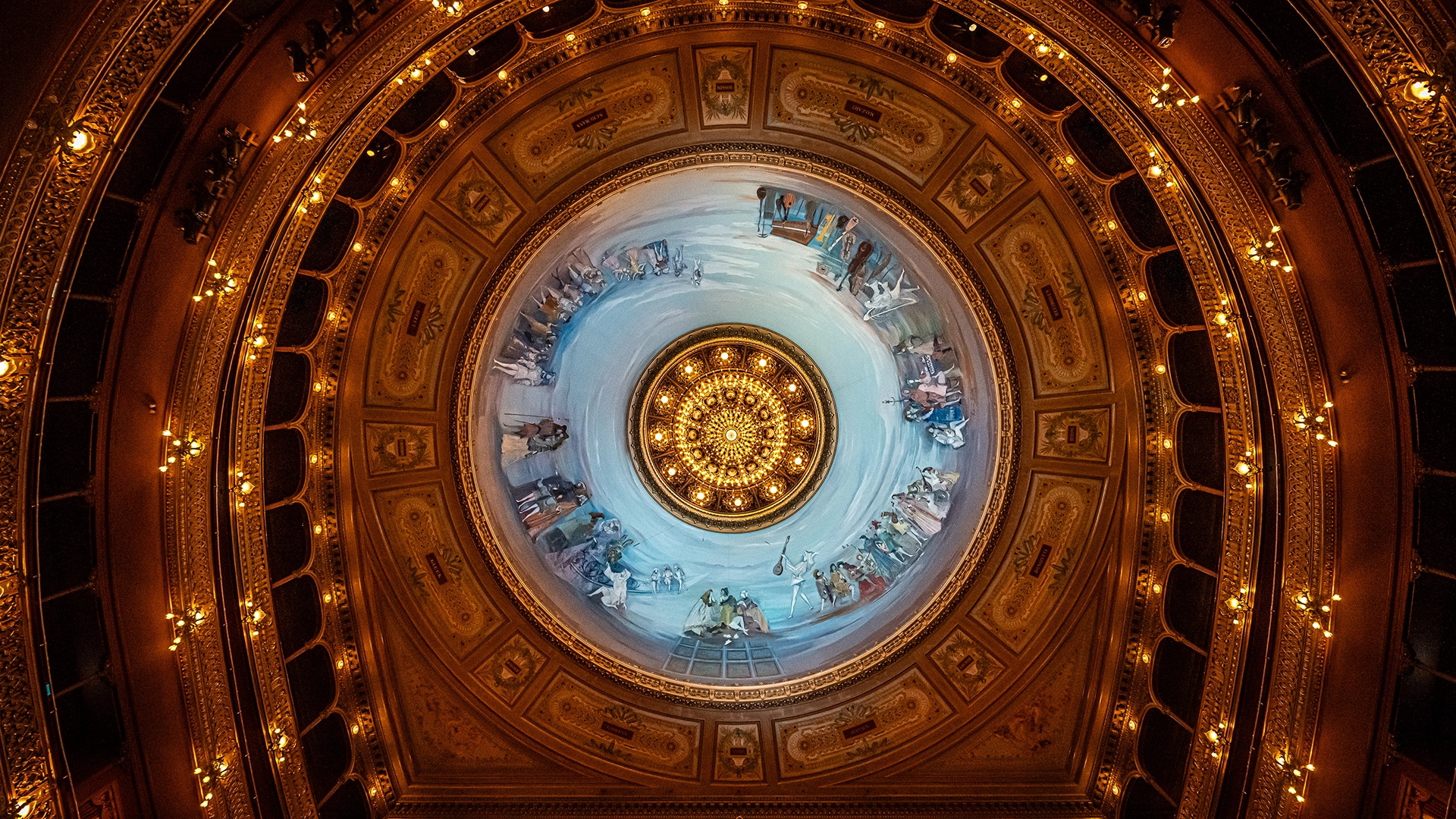 Teatro Colón ceiling dome with painted mural and gold chandelier — Buenos Aires iconic venue for corporate events