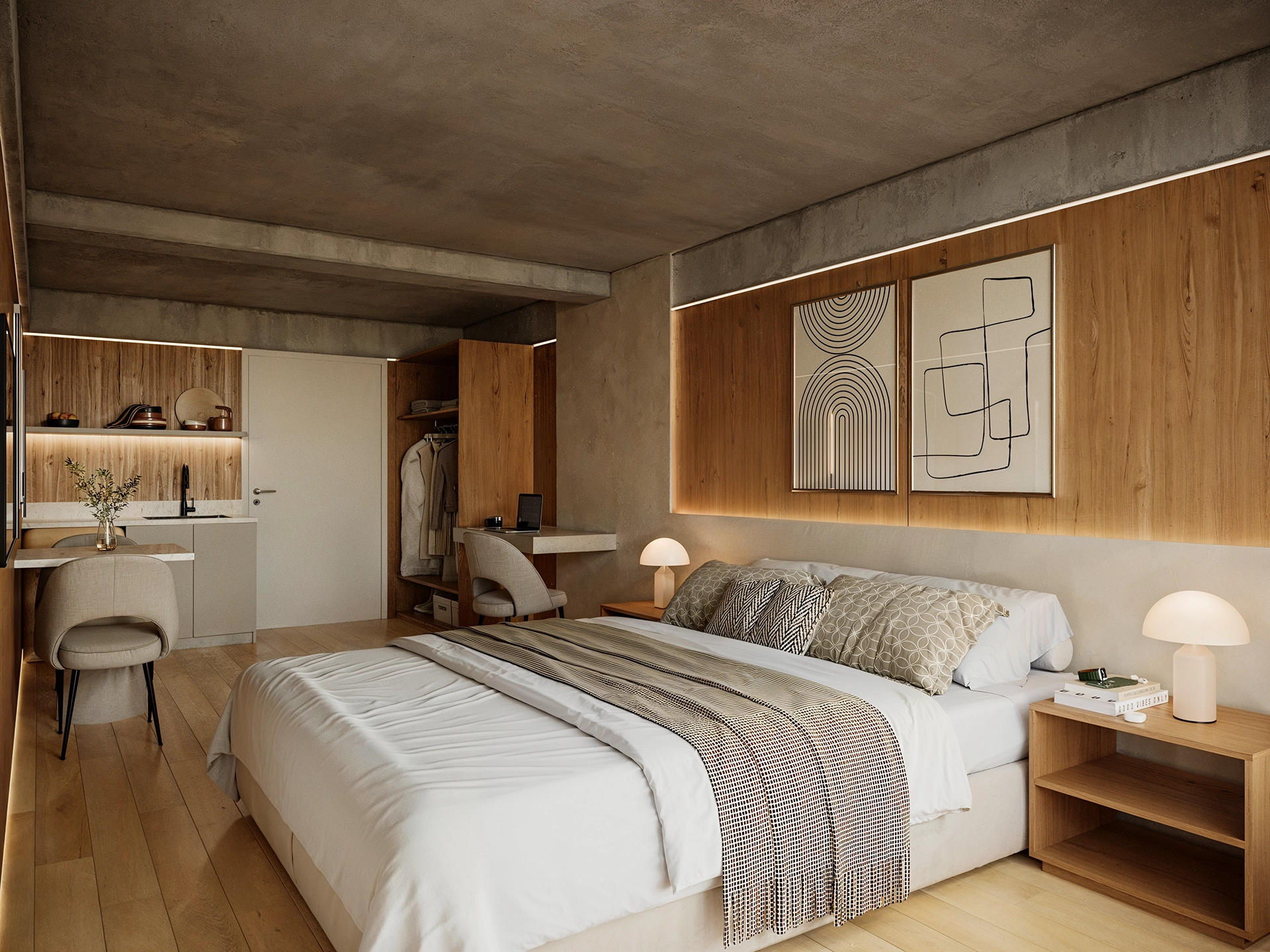Render of a room of the future Wyndham hotel in Bariloche, featuring contemporary design and wood details.