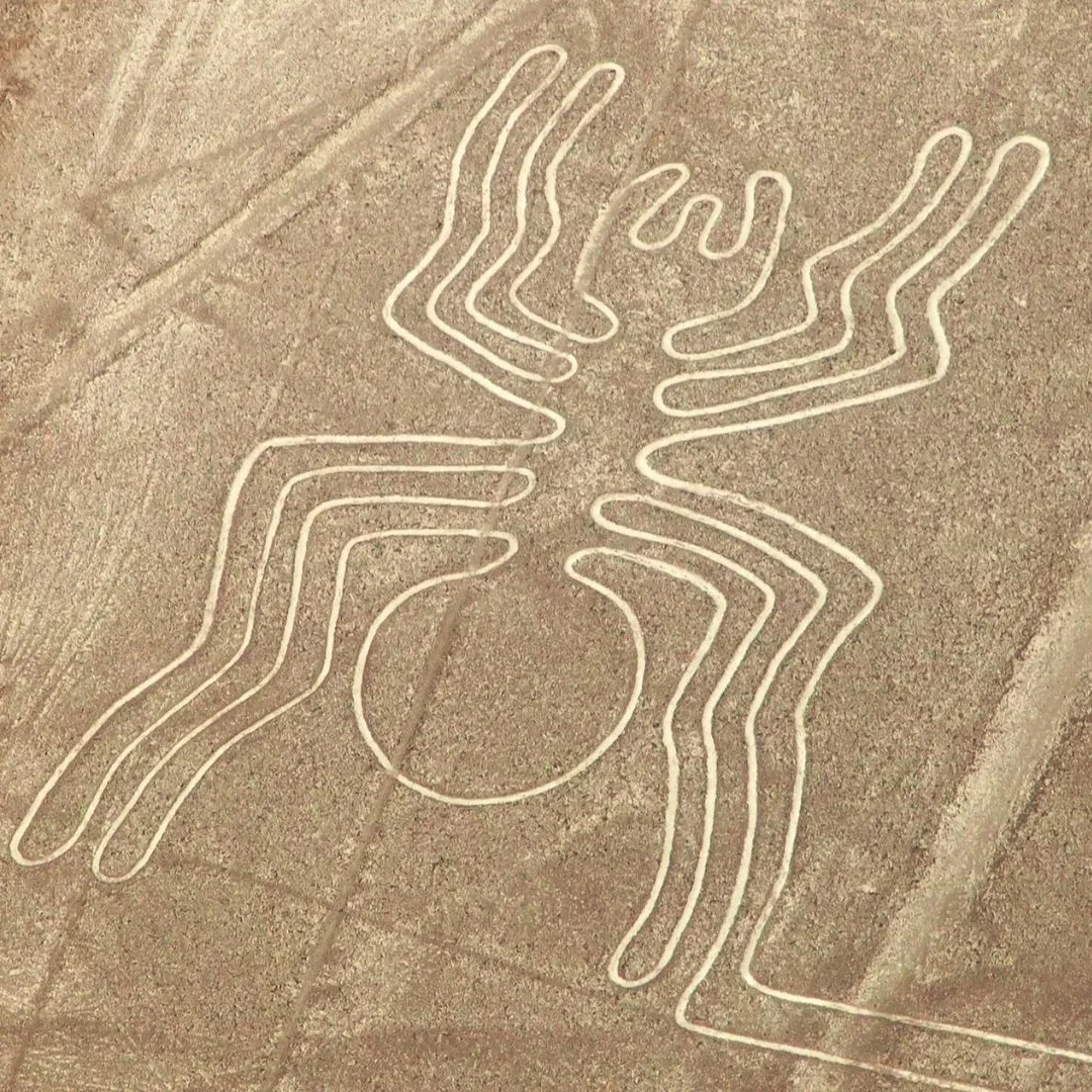 Nazca Lines seen from the air, ancient geoglyphs in the desert of the southern coast of Peru