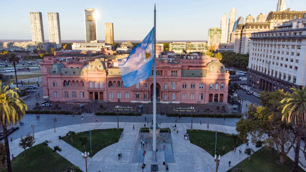 Aerial view of the Casa Rosada and Plaza de Mayo with the Argentine flag, Buenos Aires