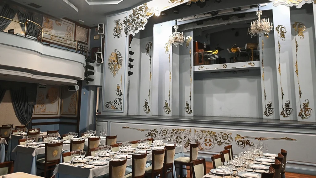 Dinner show at Café de los Angelitos with prepared tables and an ornate stage, Buenos Aires