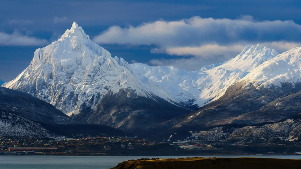 View of Ushuaia between the Beagle Channel and the mountains, Tierra del Fuego